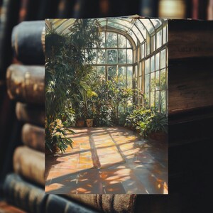 Vertical greenhouse art print featuring lush exotic plants and warm golden sunlight. Vintage botanical digital painting with gothic and cottagecore aesthetic. Perfect for greenhouse decor, witchy wall art, or dark academia room design. Elegant and calming floral artwork download for plant lovers, vintage interiors, and botanical wall art collectors.