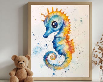 May include: Watercolor painting of a blue and yellow seahorse with a large, black eye. The seahorse is surrounded by white splatters of paint.