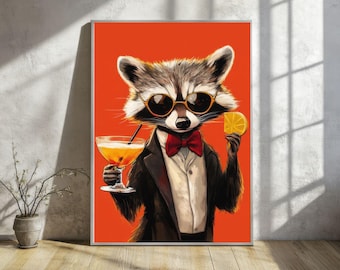 May include: A raccoon wearing sunglasses and a bow tie holds a cocktail and a slice of lemon. The raccoon is depicted in a cartoon style against an orange background.