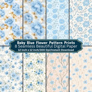 Baby Blue Flower Pattern Digital Paper | Seamless Floral Design for Scrapbooking, Crafts & DIY Projects | Printable Decorative Paper Pack