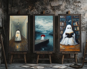 Zestaw cyfrowych wydruków artystycznych „Duch w bibliotece” | Gotycka sztuka ścienna | Wystrój Dark Academia | Obraz z duchem w stylu Cottagecore | Gotycki plakat z duchem na Halloween