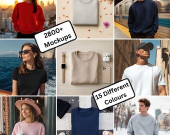 May include: A collage of images showcasing various t-shirts and sweatshirts in different colors. The image includes a red sweatshirt, a black t-shirt, and a navy blue sweatshirt. Text on the image reads "2800+ Mockups" and "15 Different Colours."