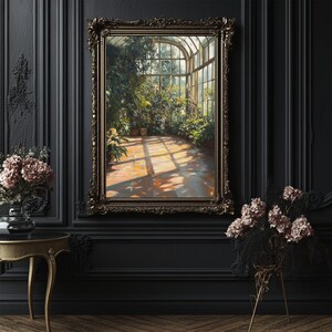 Vertical greenhouse art print featuring lush exotic plants and warm golden sunlight. Vintage botanical digital painting with gothic and cottagecore aesthetic. Perfect for greenhouse decor, witchy wall art, or dark academia room design. Elegant and calming floral artwork download for plant lovers, vintage interiors, and botanical wall art collectors.