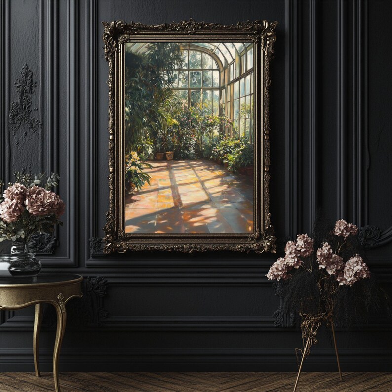 Vertical greenhouse art print featuring lush exotic plants and warm golden sunlight. Vintage botanical digital painting with gothic and cottagecore aesthetic. Perfect for greenhouse decor, witchy wall art, or dark academia room design. Elegant and calming floral artwork download for plant lovers, vintage interiors, and botanical wall art collectors.