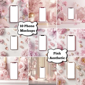 Könnte beinhalten: Zehn Handy-Mockups mit leeren Bildschirmen, präsentiert in einer rosa Ästhetik. Das Bild enthält rosa Blumen, Kristalle und dekorative Elemente. Der Text auf dem Bild lautet "10 Phone Mockups" und "Pink Aesthetic."