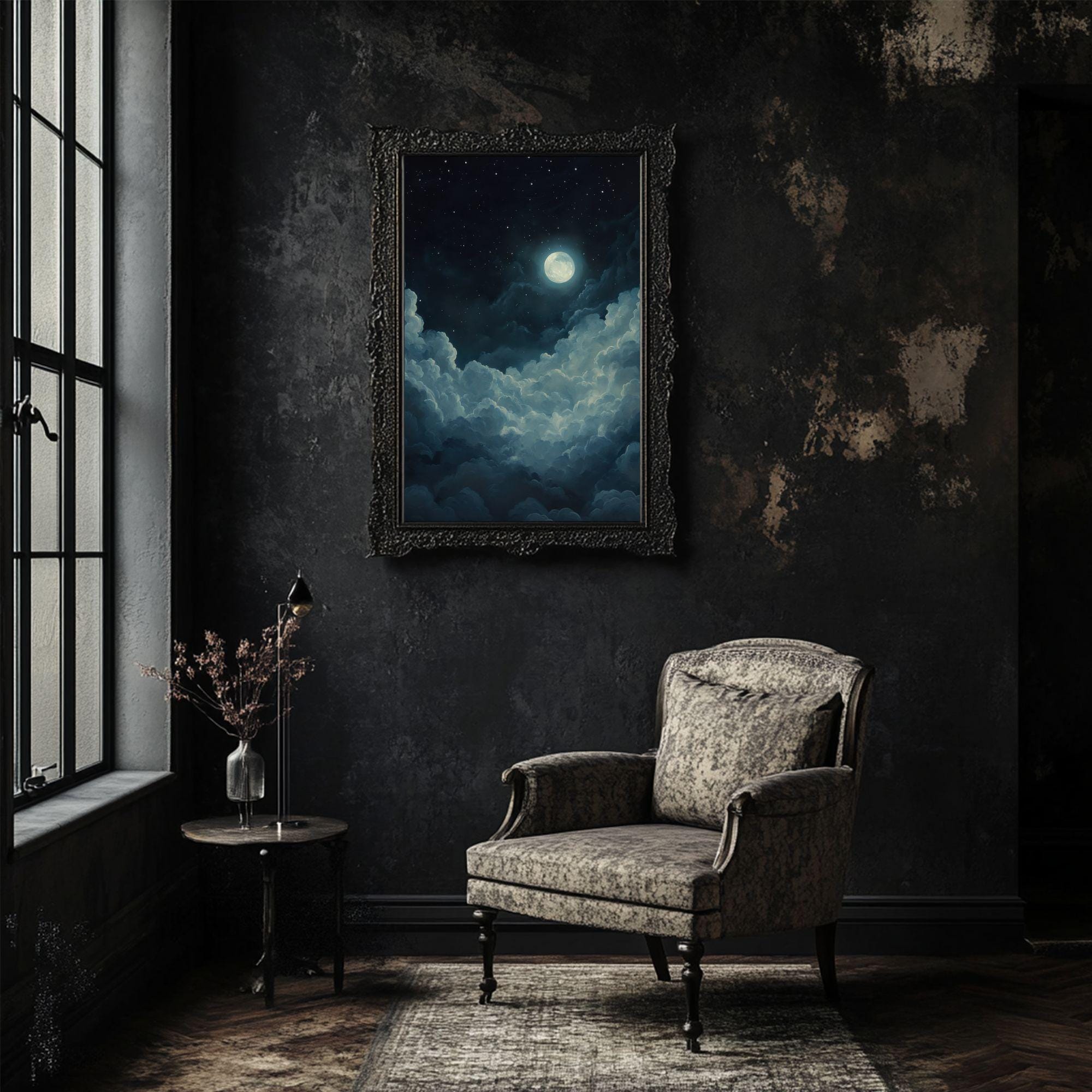 Dark Academia Moon and Clouds Art Print | Spooky Gothic Vertical Wall ...