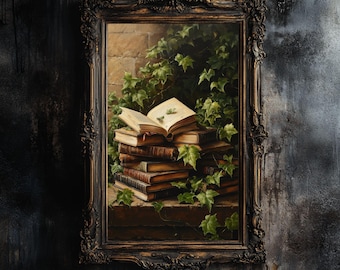 May include: A framed painting of a stack of old books with an open book on top, surrounded by green ivy.