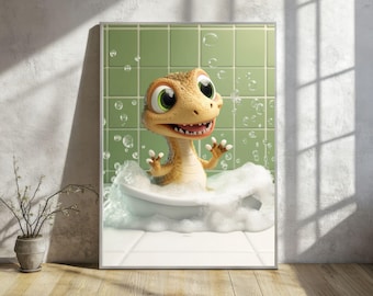 Fun Dinosaur Bathroom Wall Art Print | Unique And Trendy Decor for Guest Bathrooms | Printable Gift for Dinosaur Lovers and Art Fans