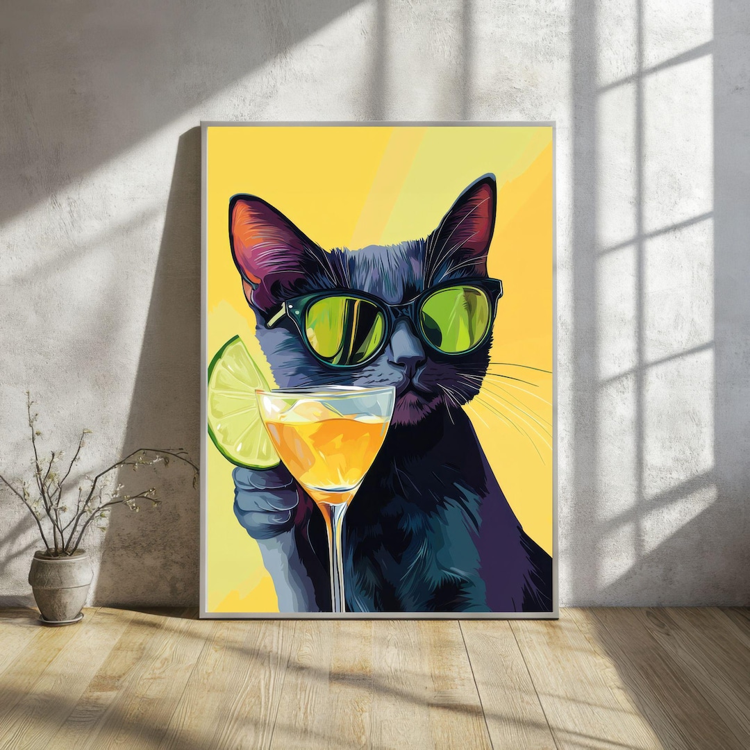 Black Cat and Cocktail Funky Digital Art Print | Trendy Wall Art for ...