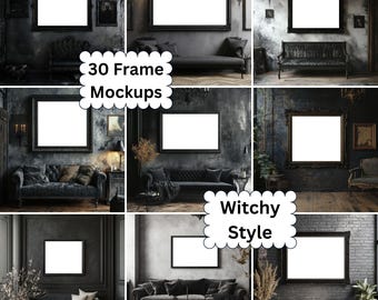 30 Mockup di cornice stregata orizzontale / Cornice digitale in legno / Mockup di poster gotico per stampe, opere d'arte e decorazioni murali estetiche mistiche