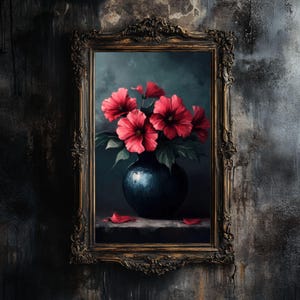 Póster con estampado floral rojo / Jarrón gótico digital / Decoración de pared Dark Academia / Estética cottagecore / Arte imprimible al instante