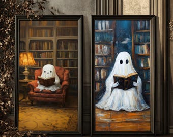 Zestaw do pobrania w wersji cyfrowej: Biblioteka Duchów | Gotyckie nadruki z duchami w stylu vintage | Dekoracja pokoju Dark Academia | Plakat na Halloween w stylu Cottagecore
