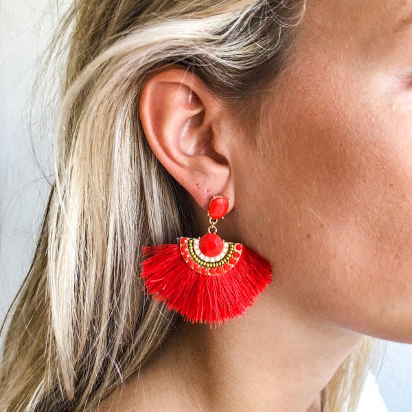 FAN RED - tassel earrings - high quality - red fringes earrings - statement earrings - summer earrings - festival
