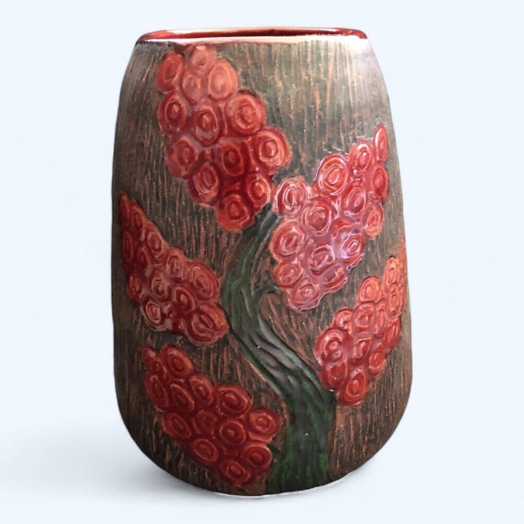 Studio Pottery Hand-painted Vase Signed by Artist Brown Tree Trunk Red ...