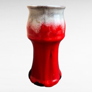 Mid-Century Modern Canadiana Pottery Vase Red White Grey Drip Glaze