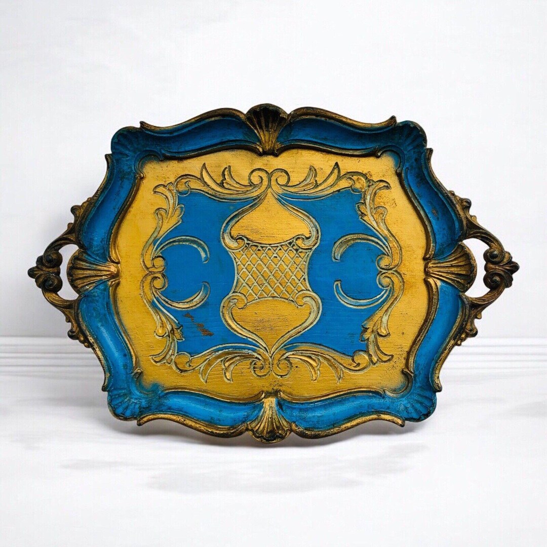 Vintage Wooden Italian Florentine Tray With Handles Hand-painted Blue ...