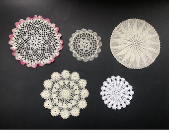 Vintage Crocheted Doilies White Beige Pink Granny Core Cottage Core Table Décor