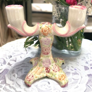 Bougeoir double vintage en céramique fabriqué au Portugal, motif floral pastel peint à la main