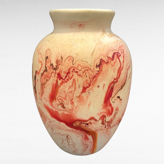 Vintage Nemadji Pottery Vase Orange Red Swirl Pattern Matte