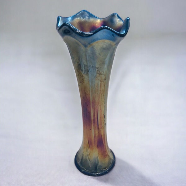 Vintage Blue Carnival Glass Bud Vase Iridescent Gasoline Finish