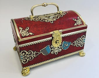 Caja de almacenamiento de lata de caramelos vintage roja y dorada, cofre del tesoro