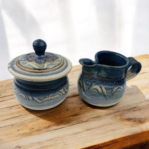 Wayne Cardinalli Art Pottery Stoneware Cream & Sugar Set Shades of Blue Waves