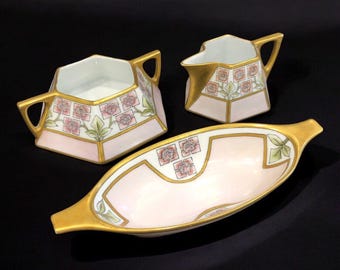 Vintage Art Deco Creamer & Open Sugar Bowl With Sweets Tray Gold Tone Trim Pink Flowers