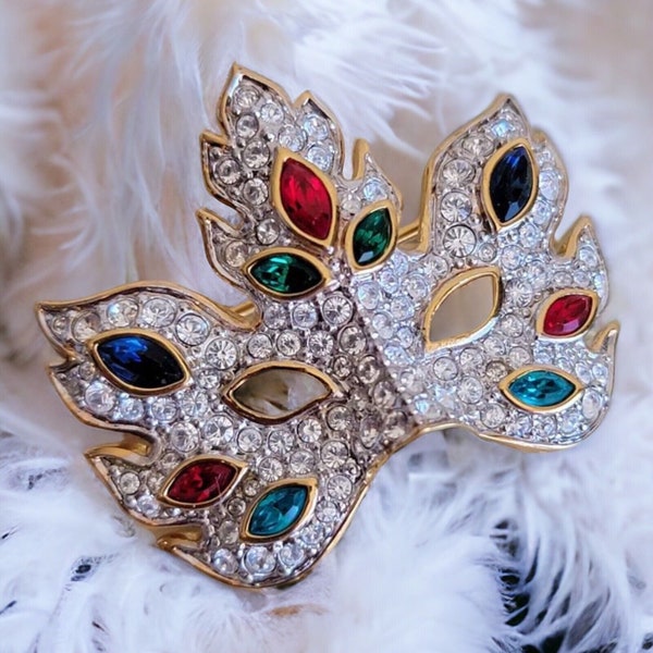 Swarovski Crystal Mardi Gras Mask Brooch Pin Multi-Colored Stones