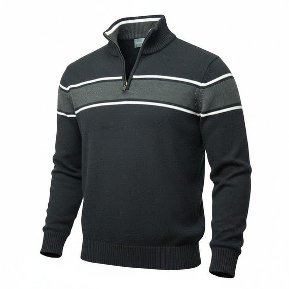 Oscar de la Renta, Oscar de la Renta Vintage 90s Quarter Zip Sweater Black Cotton Striped Mens XL
