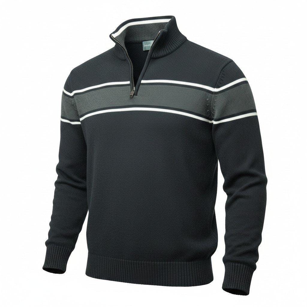 Oscar de la Renta, Oscar de la Renta Vintage 90s Quarter Zip Sweater Black Cotton Striped Mens XL