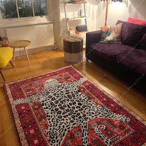 Octavia Leopard Red & Blue Hand-Tufted  Wool Handmade Area Rug Carpet for Home, Bedroom, Living Room, Kids Room, Any Room