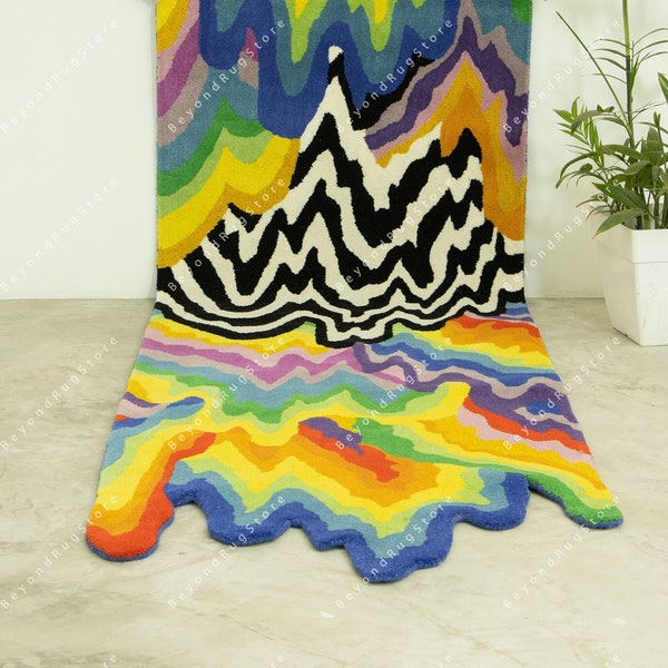 Melting Psychedelic Runner Tufted Rug Wool Handmade 2.5x9 Ft Colorful Area Rug For Bedroom Aesthetics, Living Room, Kitchen, Dining Room
