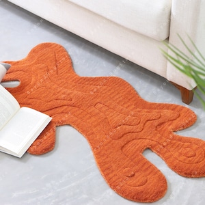 Amoeba 1 - Orange, Irregular Shaped Throw Rug Hand-Tufted  Wool Handmade Area Rug Carpet for Home, Bedroom, Living Room, Kids Room