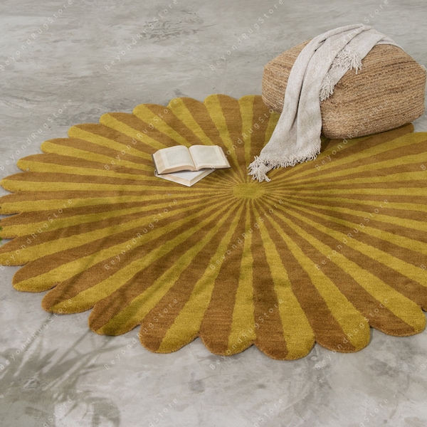 Round Fan Shape Tufted Rug, Gold, Dual Shade, Hand-Tufted  Wool Handmade Area Rug Carpet for Home, Bedroom, Living Room, Kids Room