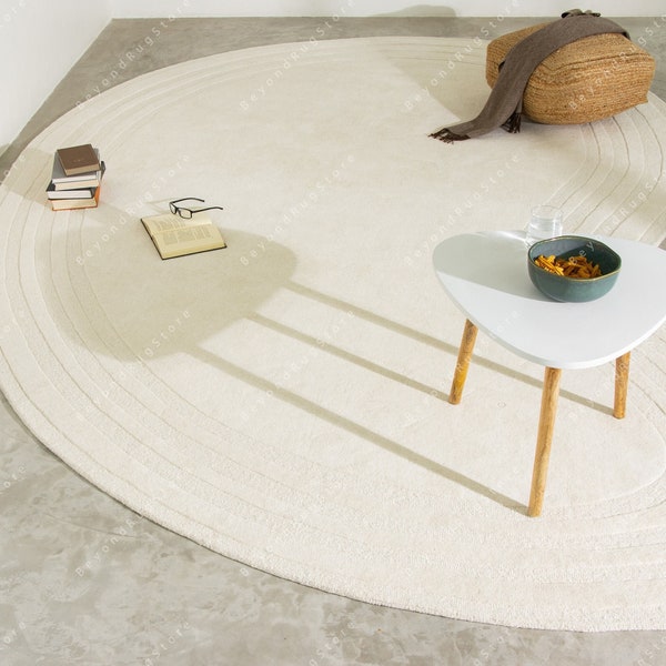 Cream-White Oval Shaped Tufted Rug Wool Handmade Area Carpets For Bedroom Aesthetic, Minimalist Rug For Living Room, Office, Dining, Kids