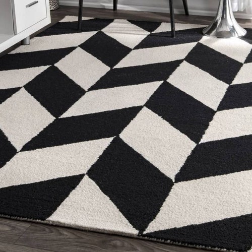 Stripes & Circles Black White Handtufted 100 Wool Handmade Etsy