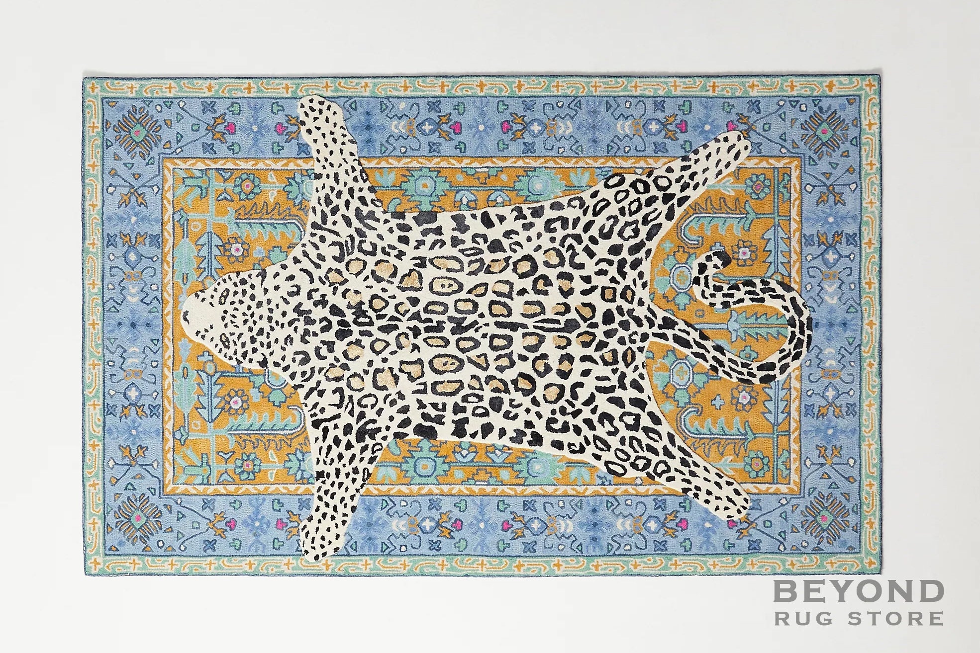 White Leopard With Gold & Blue Persian Background Hand-tufted - Etsy