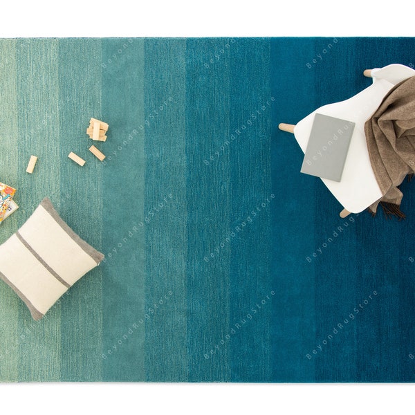 Ocean Vibe - Blue Modern Hand-Tufted  Wool Handmade Area Rug Carpet for Home, Bedroom, Living Room, Dining Room, Any Room