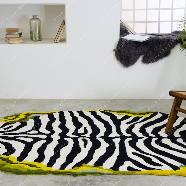 Zebra In Grass Modern Hand-Tufted  Wool Handmade Area Rug Carpet for Home, Bedroom, Living Room, Dining Room, Any Room, Kids Room