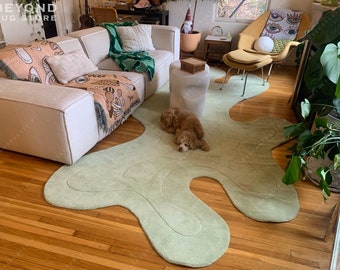 Amoeba - Gin Green, Irregular Shaped Throw Rug Hand-Tufted  Wool Handmade Area Rug Carpet for Home, Bedroom, Living Room, Kids Room