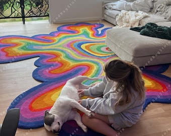 Psychedelic Irregular Shaped Tufted Custom Rug  Wool Handmade Area Rug Carpet for Home, Bedroom, Living Room, Kids Room, For Gifting