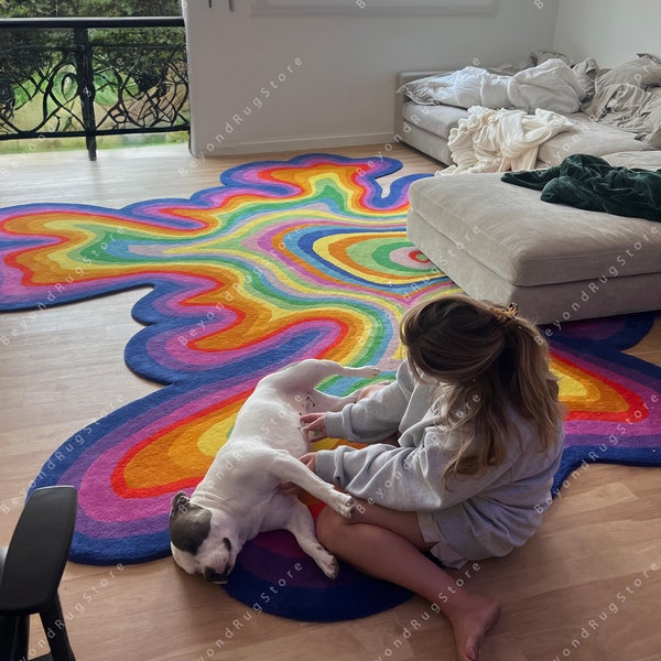 Psychedelic Irregular Shaped Tufted Custom Rug  Wool Handmade Area Rug Carpet for Home, Bedroom, Living Room, Kids Room, For Gifting