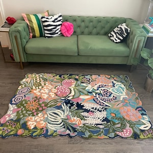 Floral Tufted Wool Rug, Fleur, Irregular Shape, Green & Multi Hand-Tufted Area Rug for Home, Bedroom, Living Room, Kids Room, and More