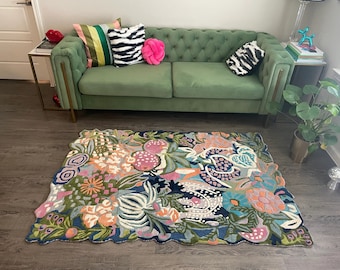 Alfombra de lana con mechones florales, flor, forma irregular, alfombra verde y multicolor tejida a mano para el hogar, dormitorio, sala de estar, habitación de niños y más