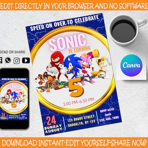Sonic the Hedgehog Birthday Invitation - Kids invitation - Digital Party Invite - Modern Birthday Template Printable - Editable in Canva