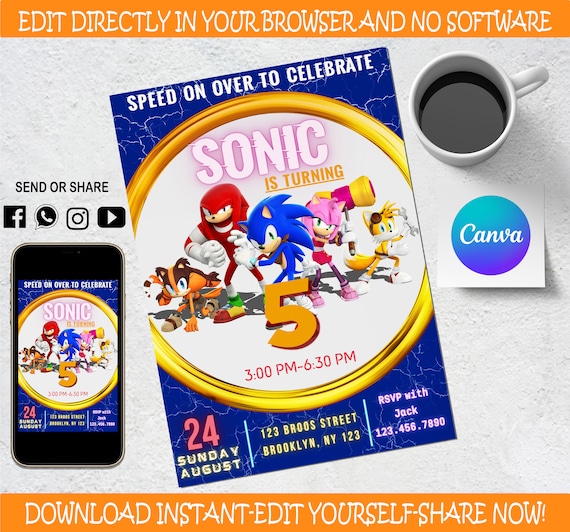 Sonic the Hedgehog Birthday Invitation - Kids invitation - Digital Party Invite - Modern Birthday Template Printable - Editable in Canva