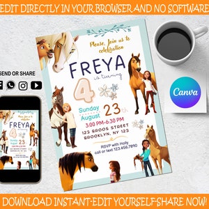 Gratis verjaardagsuitnodiging Spirit Riding - kinderuitnodiging - digitale uitnodiging voor feest - moderne afdrukbare verjaardagssjabloon - bewerkbaar in canva
