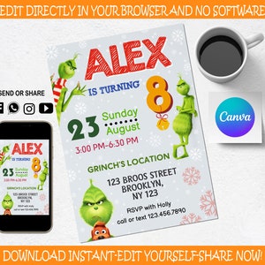 De Grinch verjaardagsuitnodiging - Kids Merry Grinchmas uitnodigen - digitale feestuitnodiging - moderne verjaardagssjabloon afdrukbaar - bewerkbaar in Canva