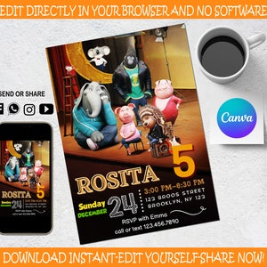 Sing Movie 2 Invitation - Kids invitation - Sing Movie Digital Party Invite - Modern Birthday Template Printable - Editable in Canva