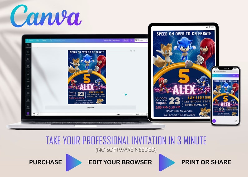 Peut inclure: Une invitation num&eacute;rique pour une f&ecirc;te d'anniversaire de 5 ans mettant en sc&egrave;ne les personnages de Sonic the Hedgehog. L'invitation est bleue, violette et jaune avec le texte "Speed on over to celebrate" et "Alex's Location".